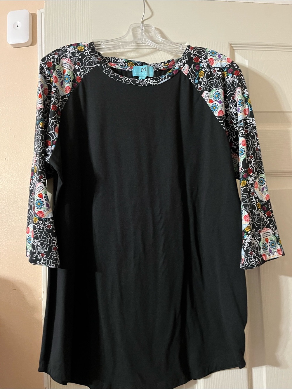 Black Tunic with Multicolor Floral Raglan Sleeves - M
